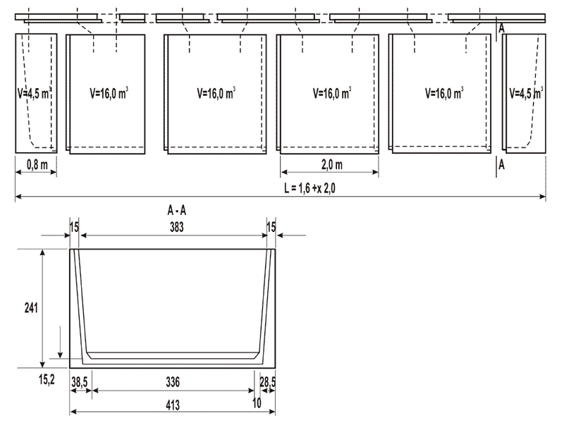 Schéma velkoobjemové betonové nádrže typu N