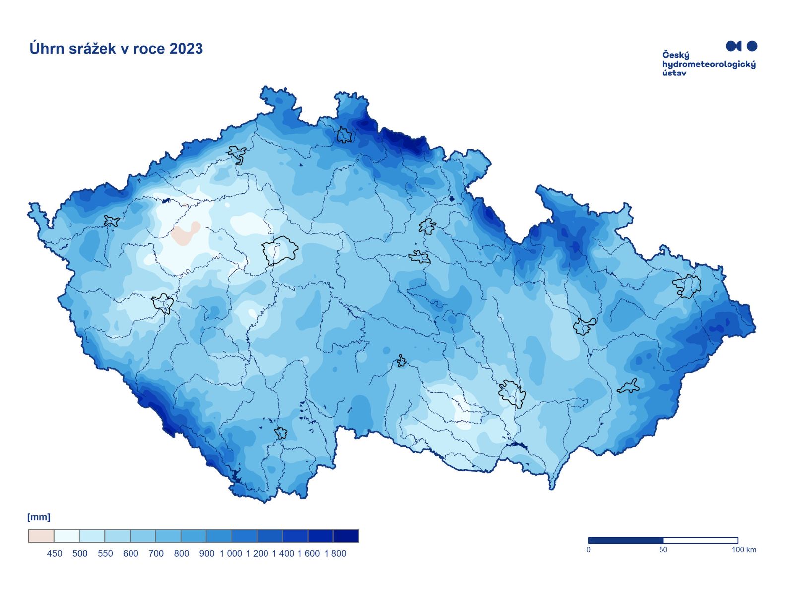 úhrn srážek v roce 2023 dle Českého hydrometeorologického ústavu
